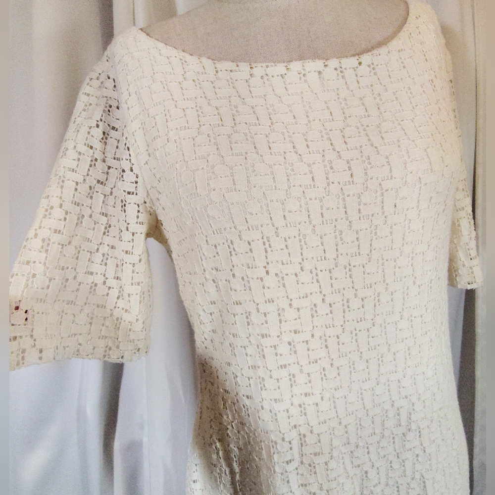 Banana Republic Lace Dress + Ivory, Midi Shift, 1/2 Sleeve Boat Neck, Lined,  M - Picture 5 of 8
